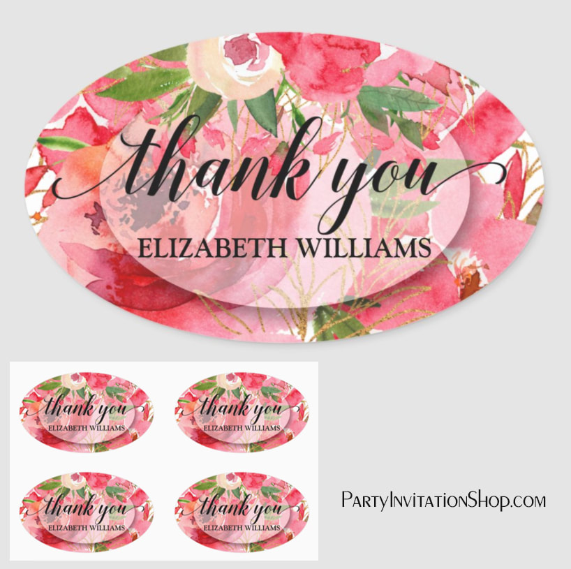 Thank You Peony Flowers Oval Stickers