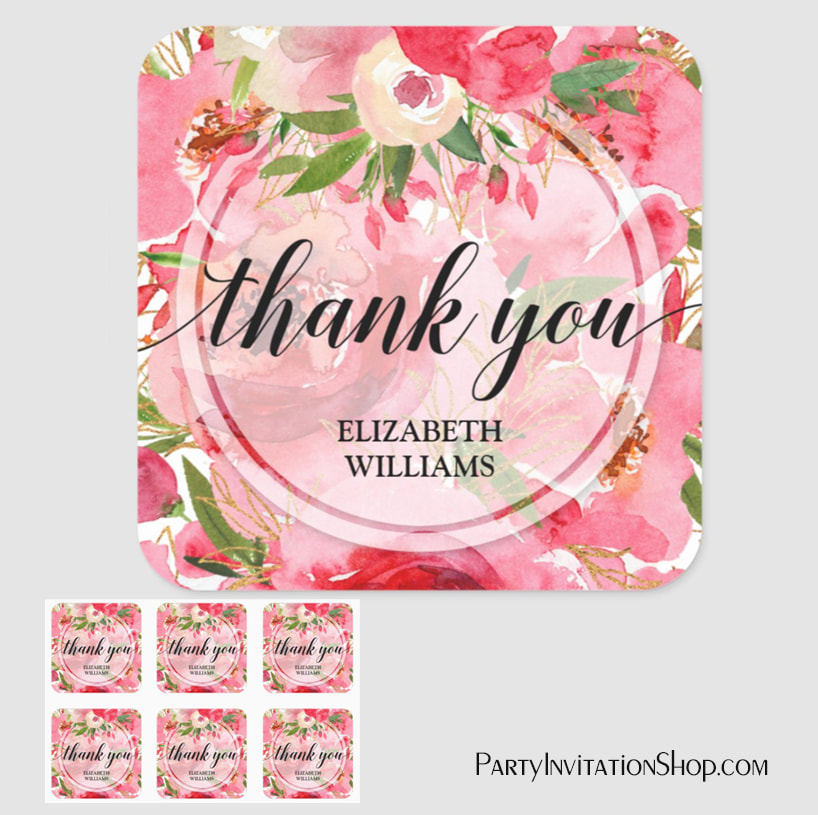 Thank You Peony Flowers Square Stickers