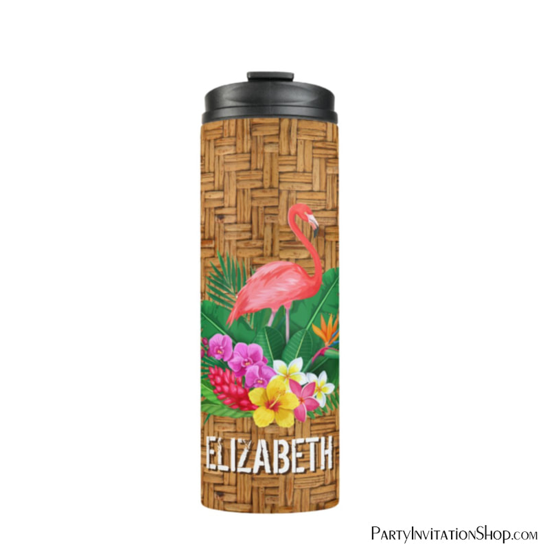 Personalized Pink Flamingo Floral Wicker Print Thermal Tumbler