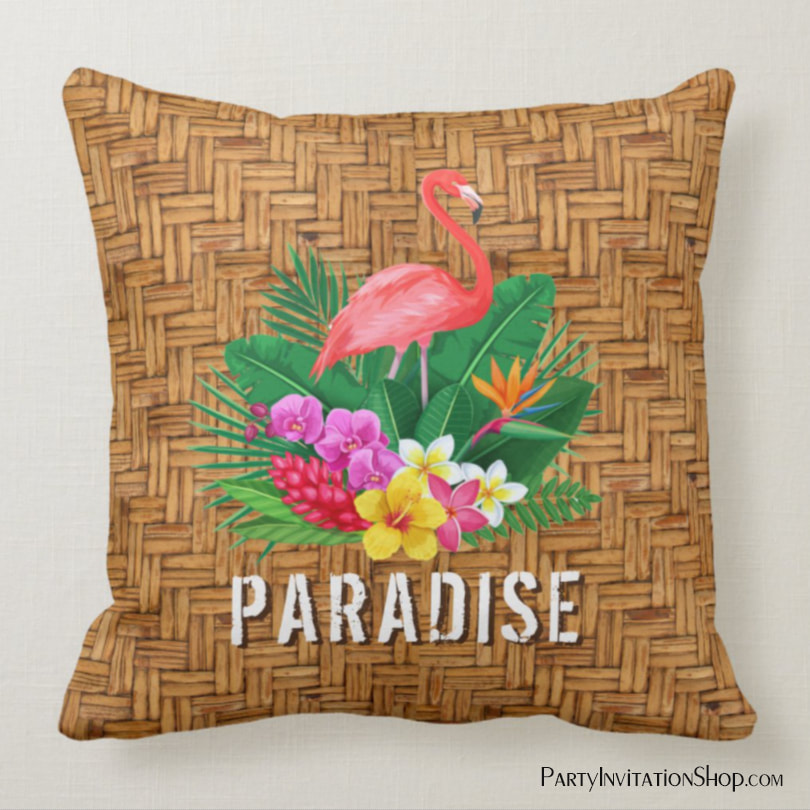 Flamingo Flowers on Wicker Pattern Throw Pillow