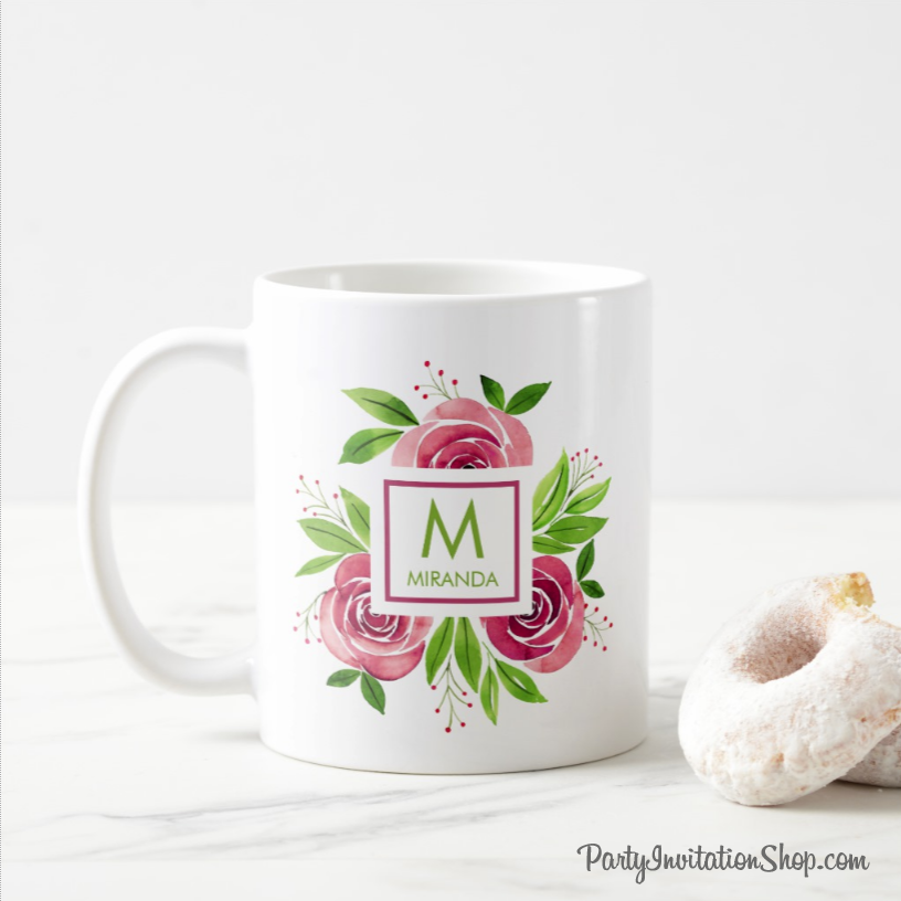 Personalized Hot Pink Watercolor Roses Monogram Coffee Mug - great for mother's day, birthdays, one for you and one for your best friend. PartyInvitationShop.com