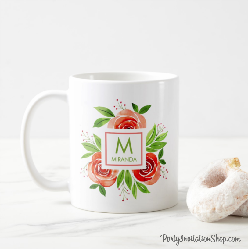 Personalized Living Coral & Peach Watercolor Roses Monogram Coffee Mug - great for mother's day, birthdays, one for you and one for your best friend. PartyInvitationShop.com