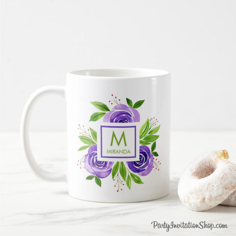 Personalized Purple Watercolor Roses Monogram Coffee Mug - great for mother's day, birthdays, one for you and one for your best friend. PartyInvitationShop.com
