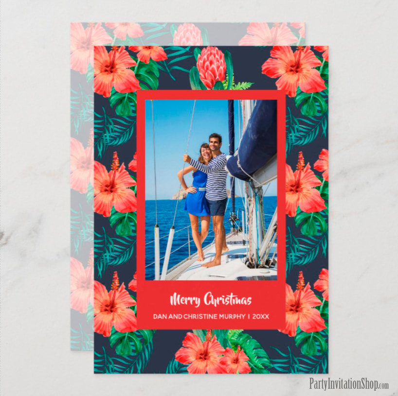 Red Tropical Floral on Navy Christmas Photo Cards - Shop PartyInvitationShop.com