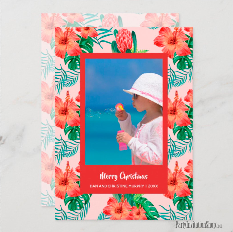 Red Tropical Floral on Pink Christmas Photo Cards - Shop PartyInvitationShop.com