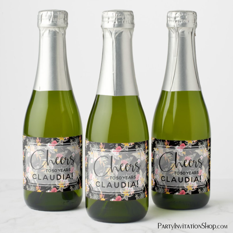 Tropical Pineapple Flowers on Black Mini Champagne Labels
