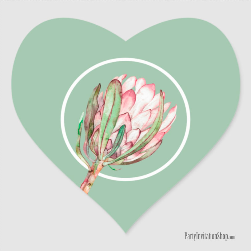 Heart Sticker Fancy Square Favor Tag Tropical Protea Holiday Collection at PartyInvitationShop.com