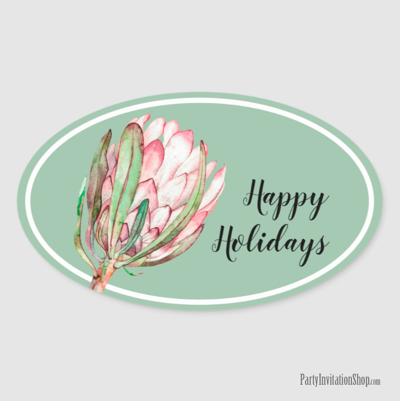 Oval Sticker Fancy Square Favor Tag Tropical Protea Holiday Collection at PartyInvitationShop.com