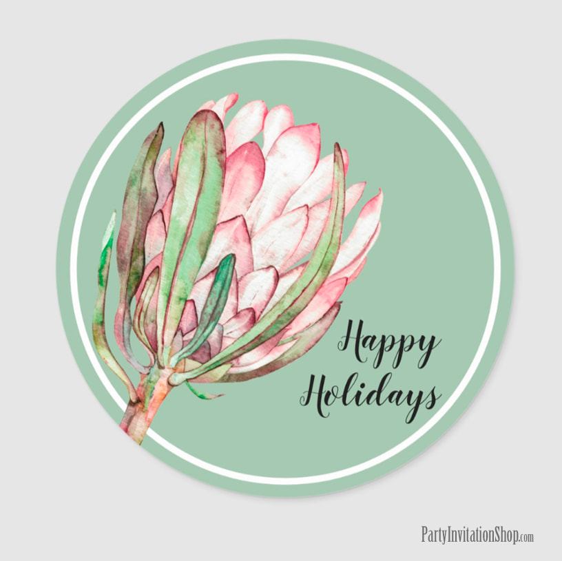 Round Sticker Fancy Square Favor Tag Tropical Protea Holiday Collection at PartyInvitationShop.com