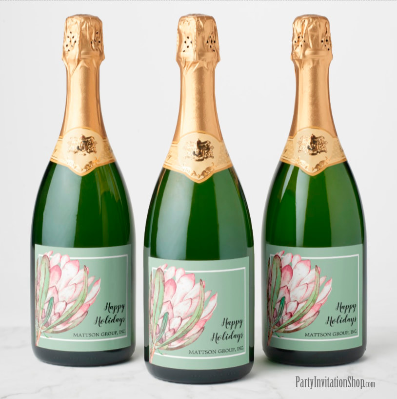 PERSONALIZED Champagne Bottle Labels Tropical Protea Holiday Collection at PartyInvitationShop.com