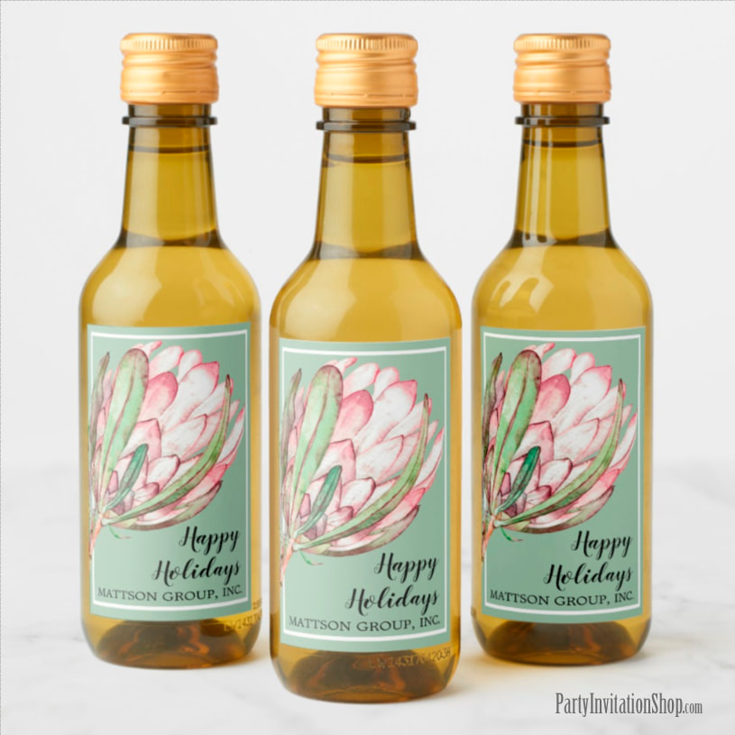 PERSONALIZED Mini Wine Bottle Labels Tropical Protea Holiday Collection at PartyInvitationShop.com