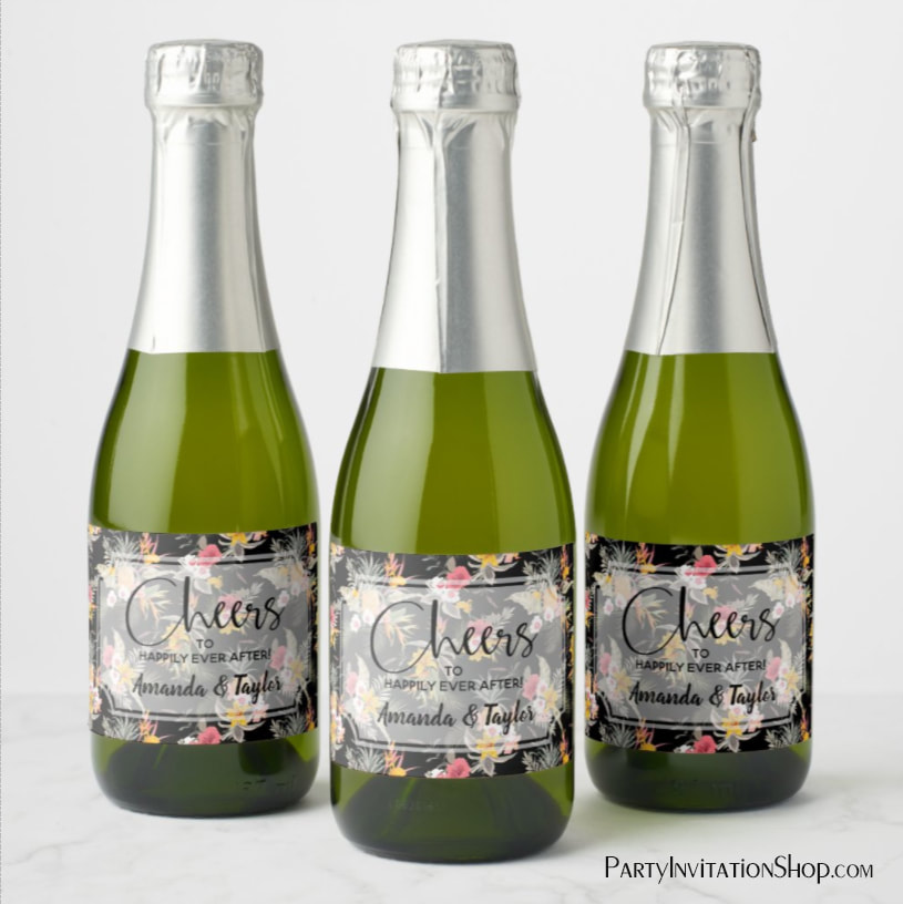 Pineapple Floral on Black Mini Champagne Labels