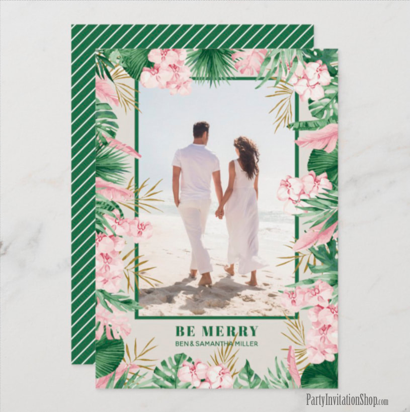 Tropical Pink and Green Floral Christmas Photo Cards