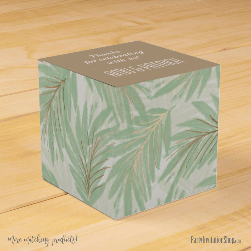 Square Party Favor Boxes in the Sage and Gold Leaves Collection at PartyInvitationShop.com