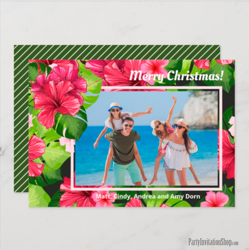 Watercolor Tropical Hibiscus Christmas Photo Cards