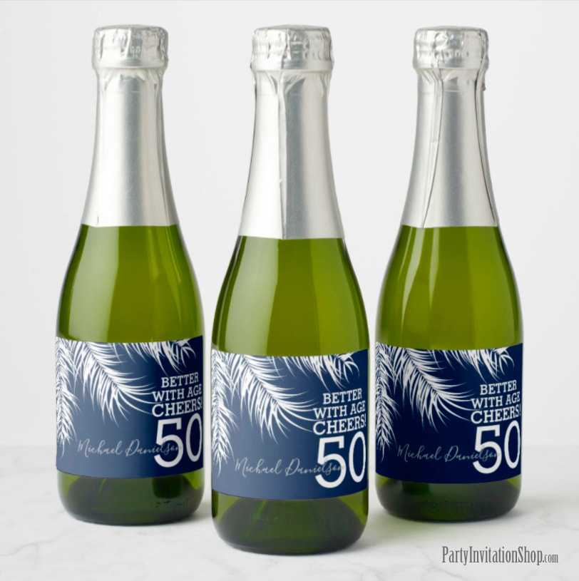 Better with Age Mini Champagne Labels - White Palm Fronds on Navy Blue