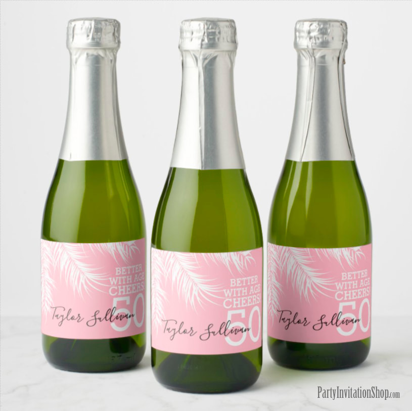 Better with Age Mini Champagne Labels - White Palm Fronds on Pink