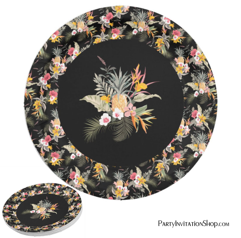 Tropical Pineapple Hibiscus Foliage on Black Paper Plates