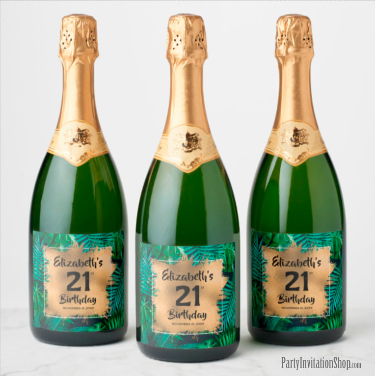 Tropical Plants Gold 21st Birthday Personalized Champagne Labels