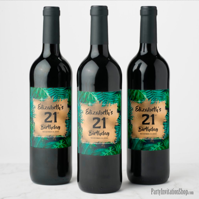 Tropical Plants Gold 21st Birthday Personalized Wine Labels