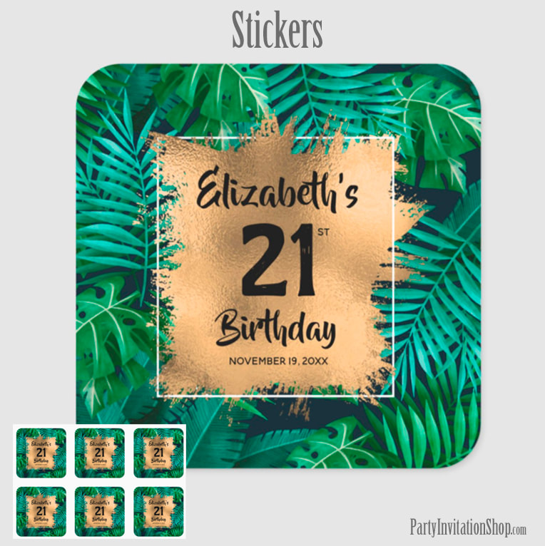 Tropical Plants Gold 21st Birthday Personalized Square Stickers