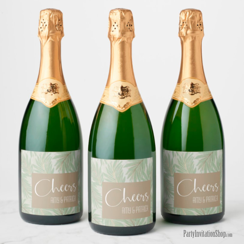 Personalized Champagne Bottle Beverage Labels in the Sage and Gold Leaves Collection at PartyInvitationShop.com