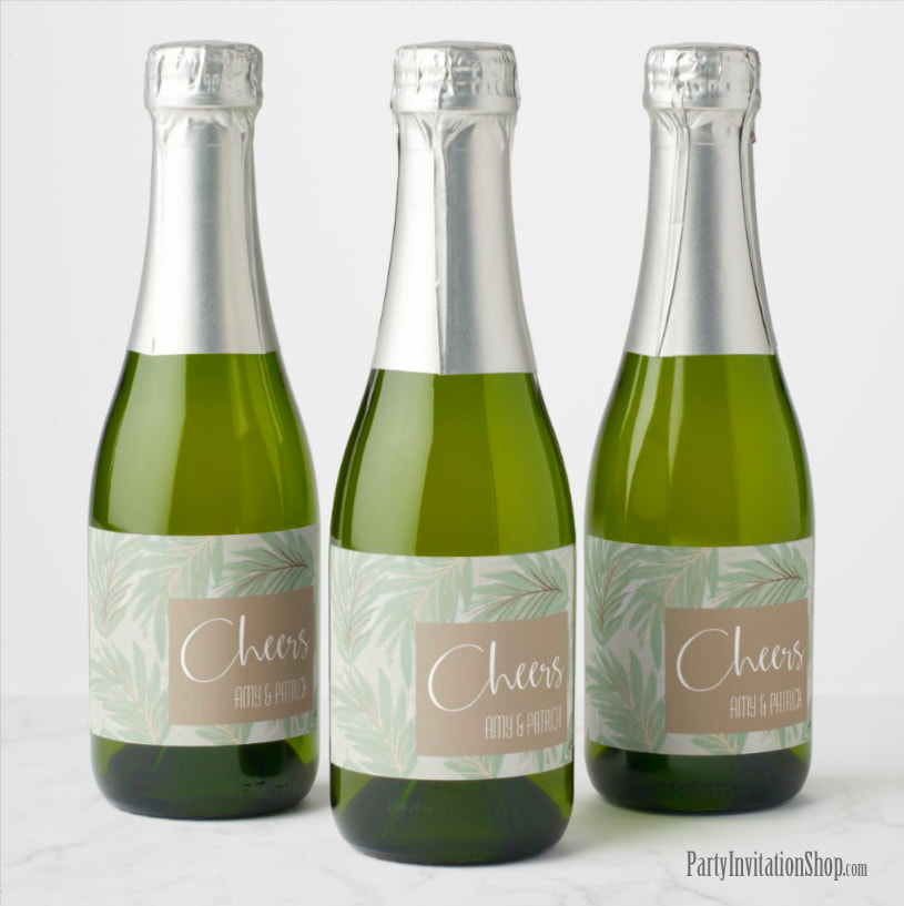 Personalized Mini Champagne Bottle Beverage Labels in the Sage and Gold Leaves Collection at PartyInvitationShop.com