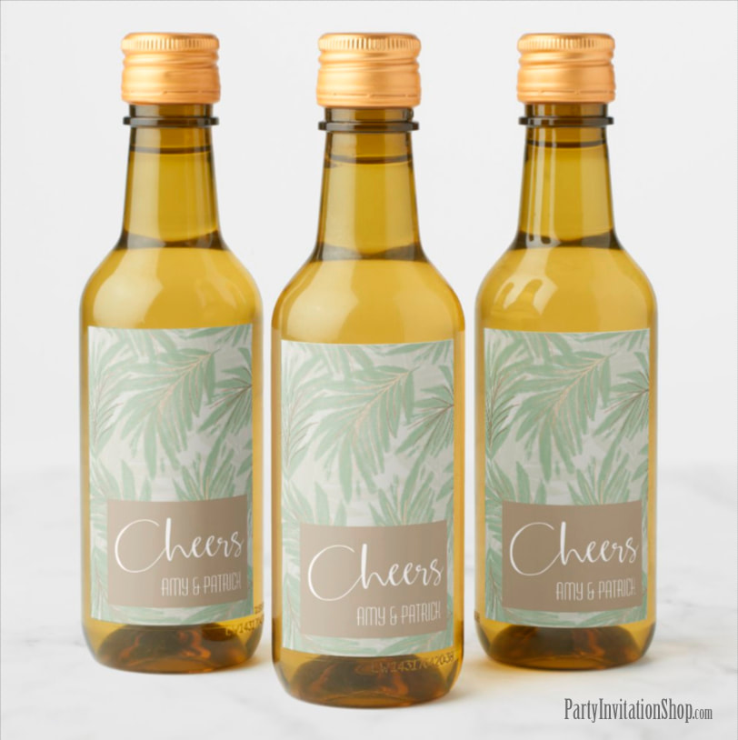 Personalized Mini Wine Bottle Beverage Labels in the Sage and Gold Leaves Collection at PartyInvitationShop.com