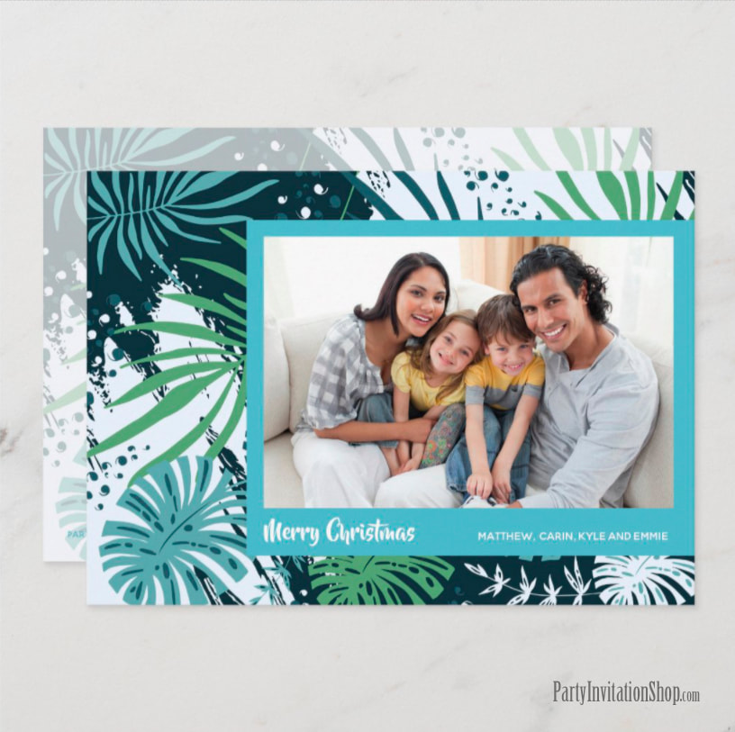 Turquoise and Teal Tropical Plants Christmas Photo Cards - Shop PartyInvitationShop.com