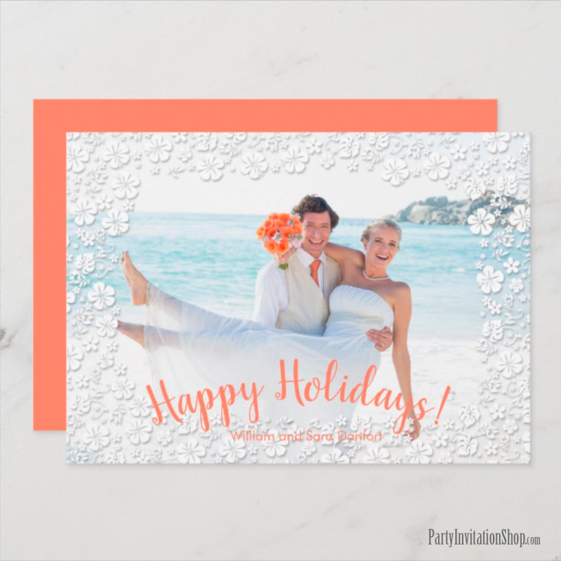 White Hibiscus Tropical Floral Holiday Photo Cards - Shop PartyInvitationShop.com