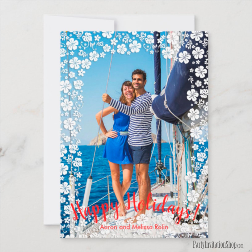 White Hibiscus Tropical Holiday Photo Cards at PartyInvitationShop.com