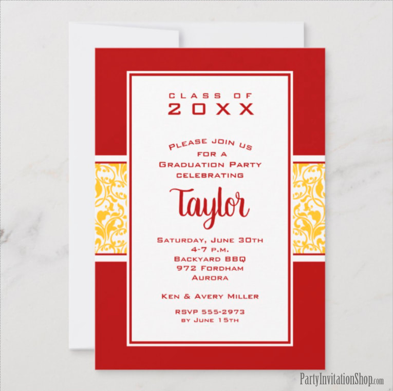 USC Red and Yellow Damask Graduation Party Invitations Announcements at PartyInvitationShop.com
