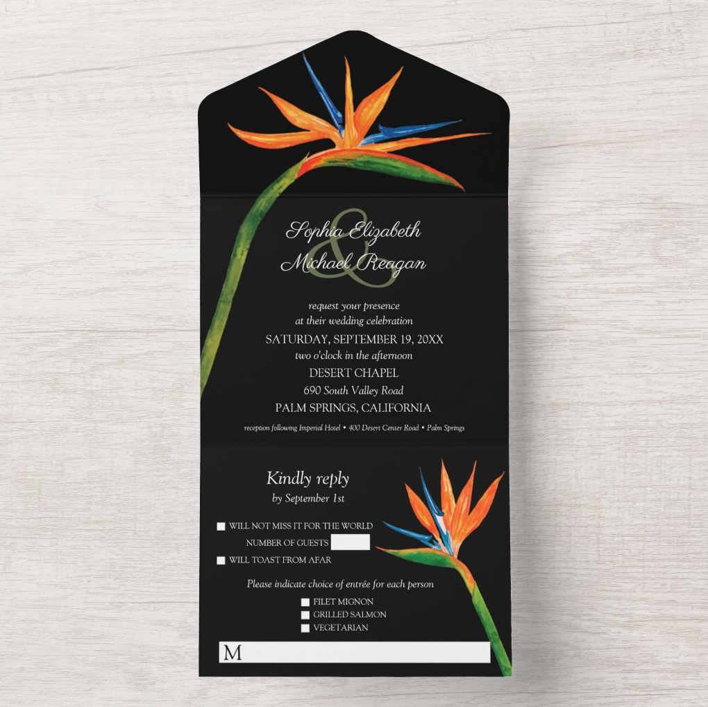 Bird of Paradise Watercolor Wedding All In One Invitations