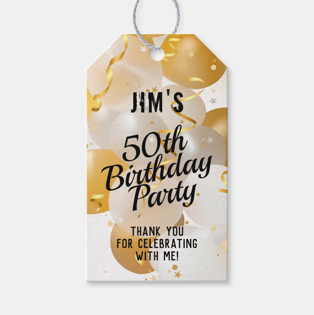 Gold and White Balloons Birthday Party Thank You Gift Tags