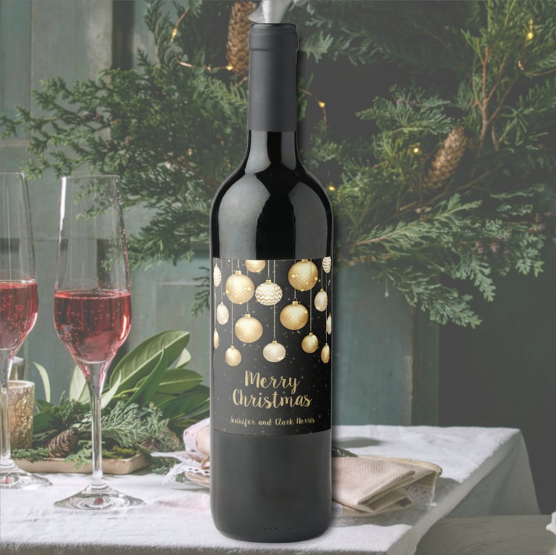 Gold Baubles Christmas Ornaments on Black Wine Labels