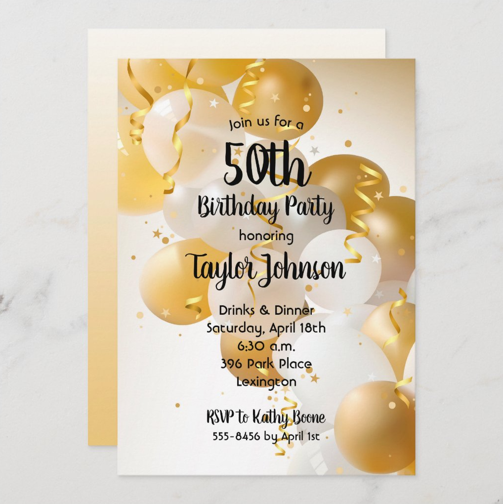 Gold White Balloons Birthday Party Invitations