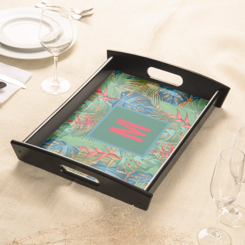 Monogrammed Tropical Floral on Wicker Print Serving Tray