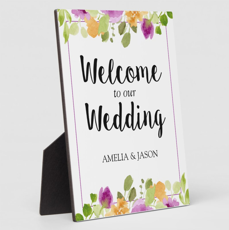 Purple Watercolor Flowers Wedding Signage - See the entire suite at PartyInvitationShop.com