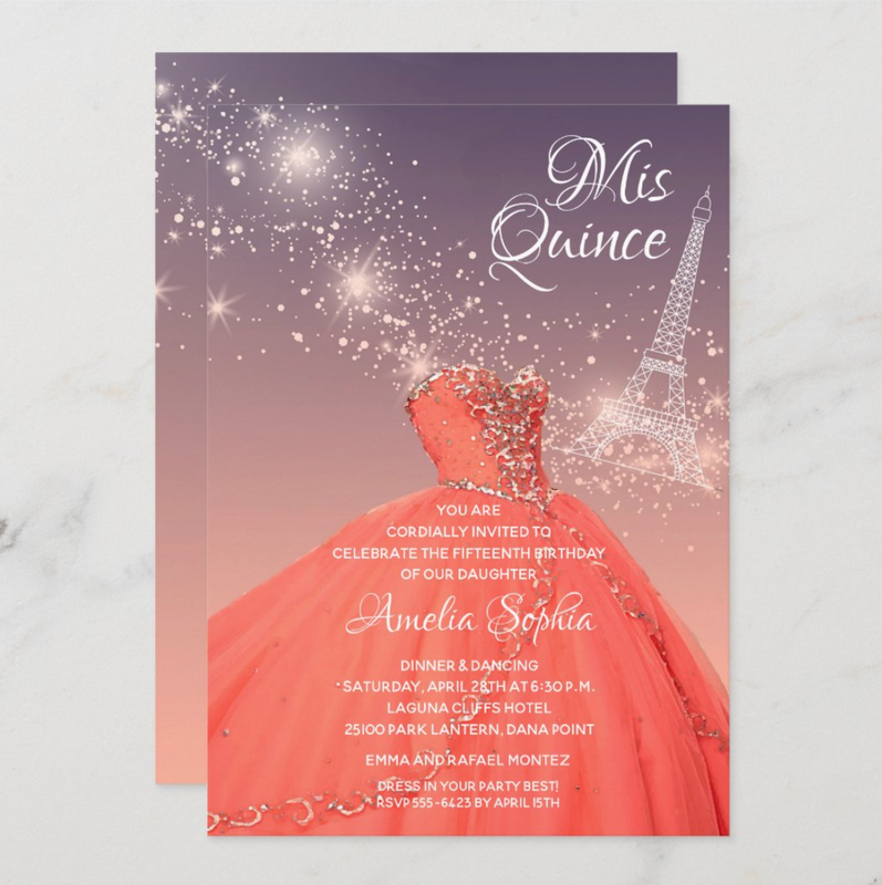 Quinceañera Coral Dress Eiffel Tower Birthday Invitations