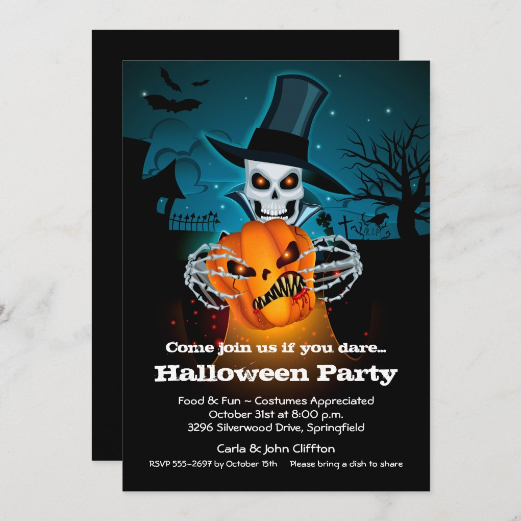 Scary Skeleton and Pumpkin Halloween Invitations