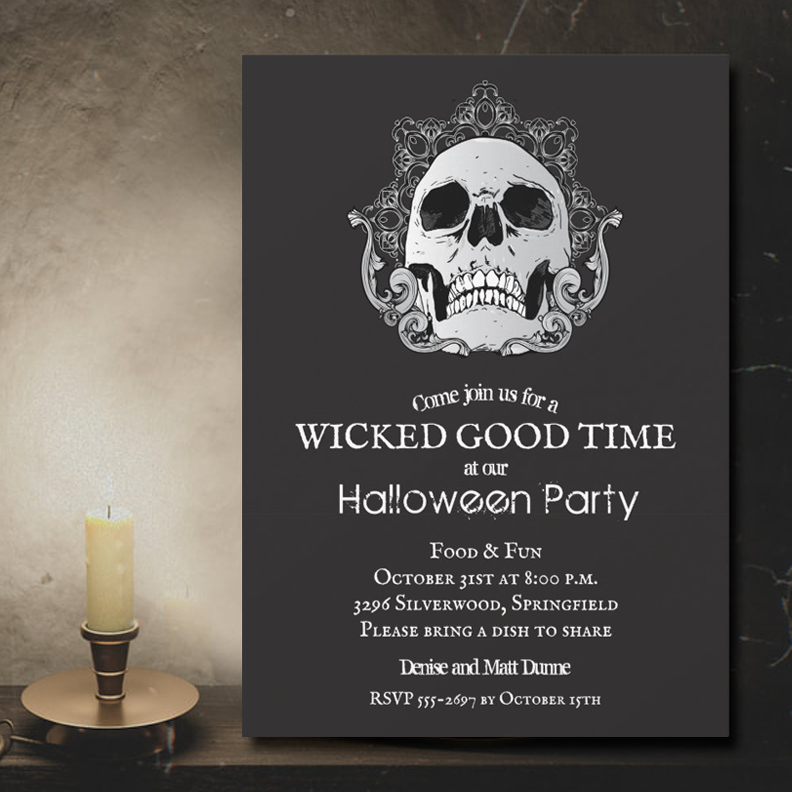 Ornate Filigree Skull on Black Halloween Invites