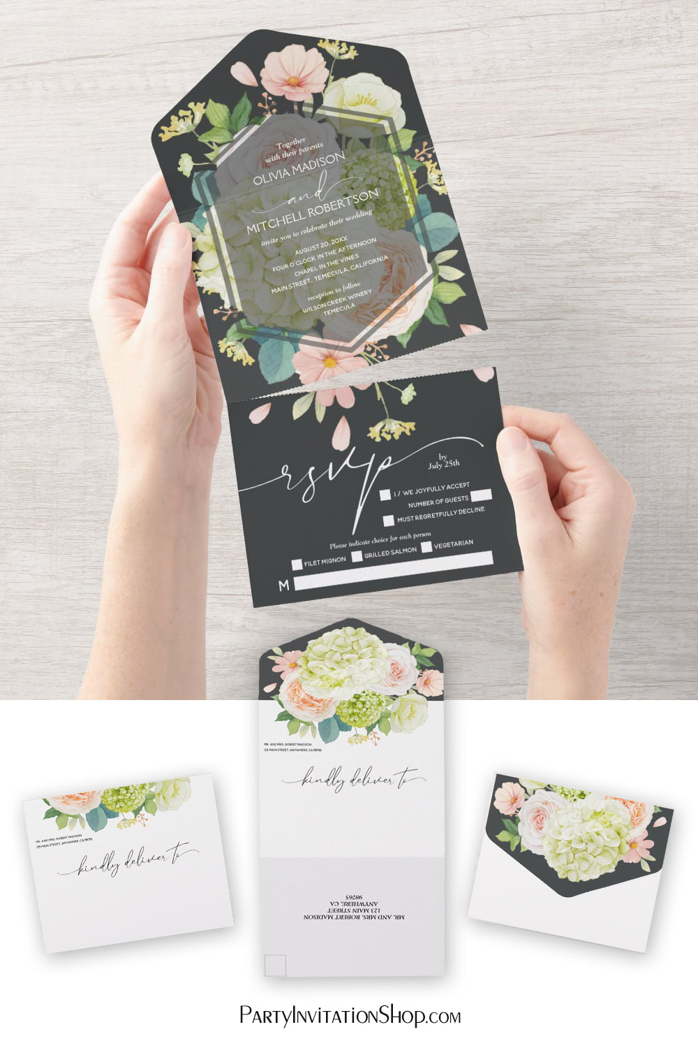 Watercolor Pink Floral Dark Wedding All In One Invitations