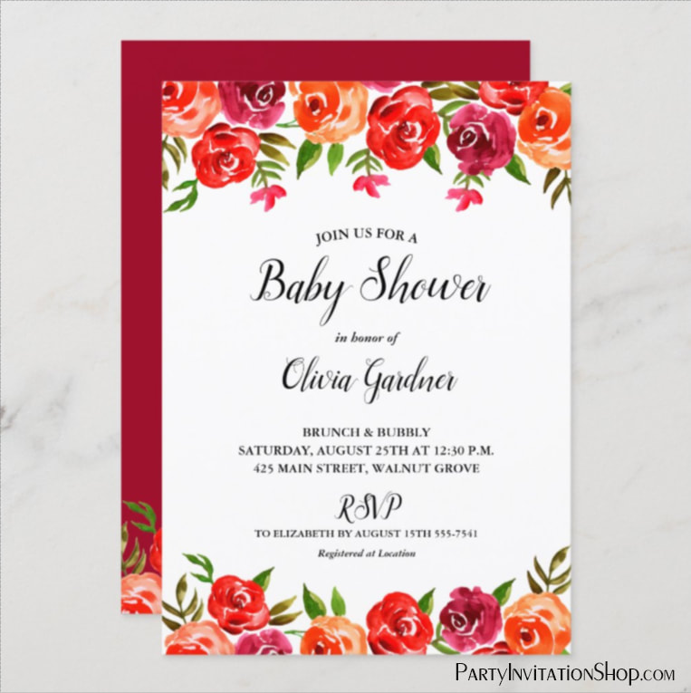 Watercolor Floral Red Orange Baby Shower Invitations