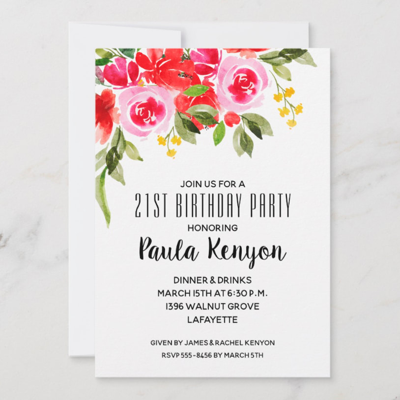 Watercolor Floral 21st Birthday Party Invitations - change the year to fit your occasion! See all the matching items at PartyInvitationShop.com