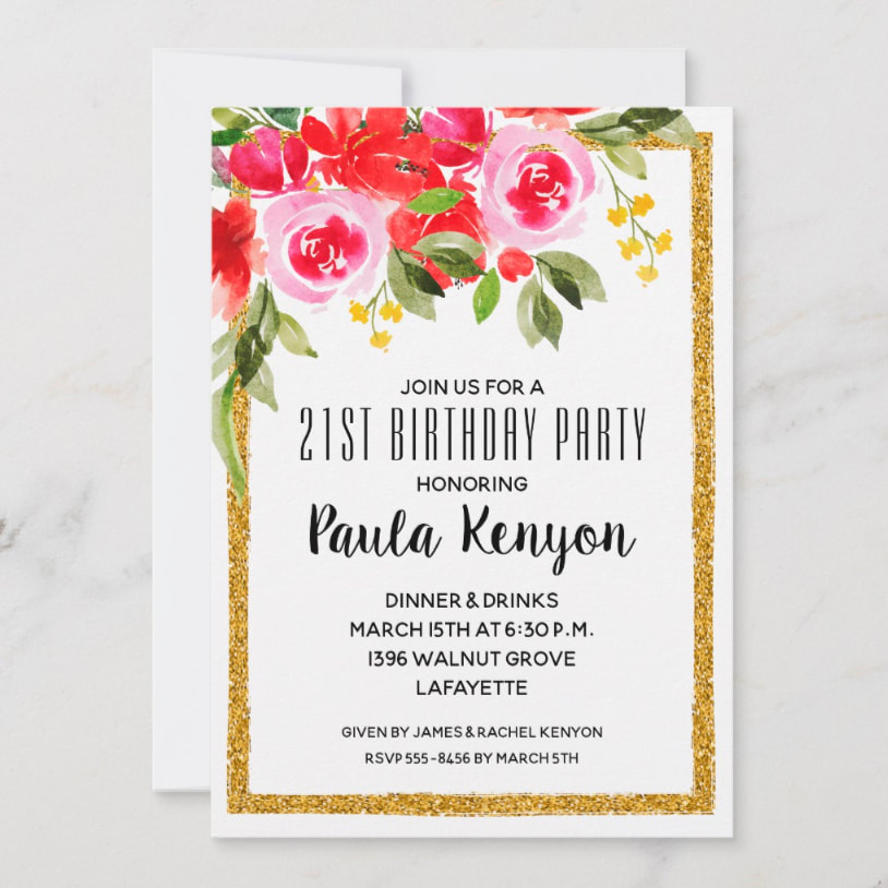 Watercolor Floral 21st Birthday Party Invitations with a gold glitter border - change the year to fit your occasion! See all the matching items at PartyInvitationShop.com