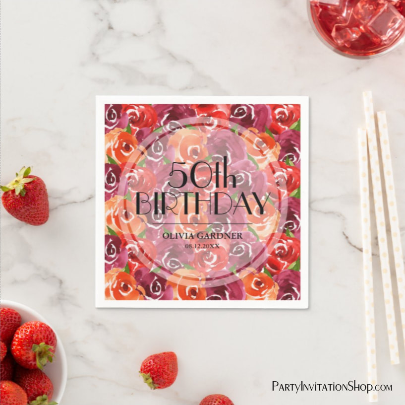 Watercolor Floral 50th Birthday Napkins