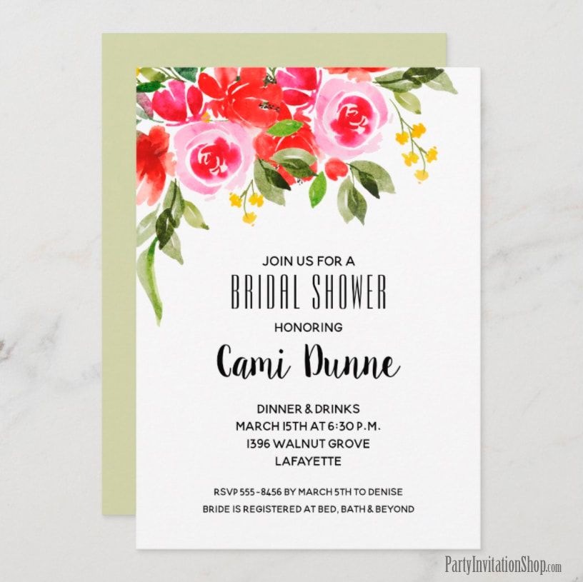Pink Red Watercolor Floral Bridal Shower Invitations