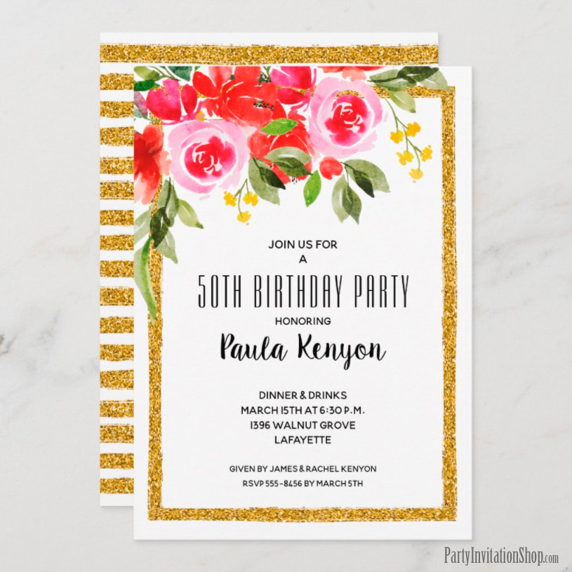 Pink Red Floral 50th Birthday Glitter Invitations