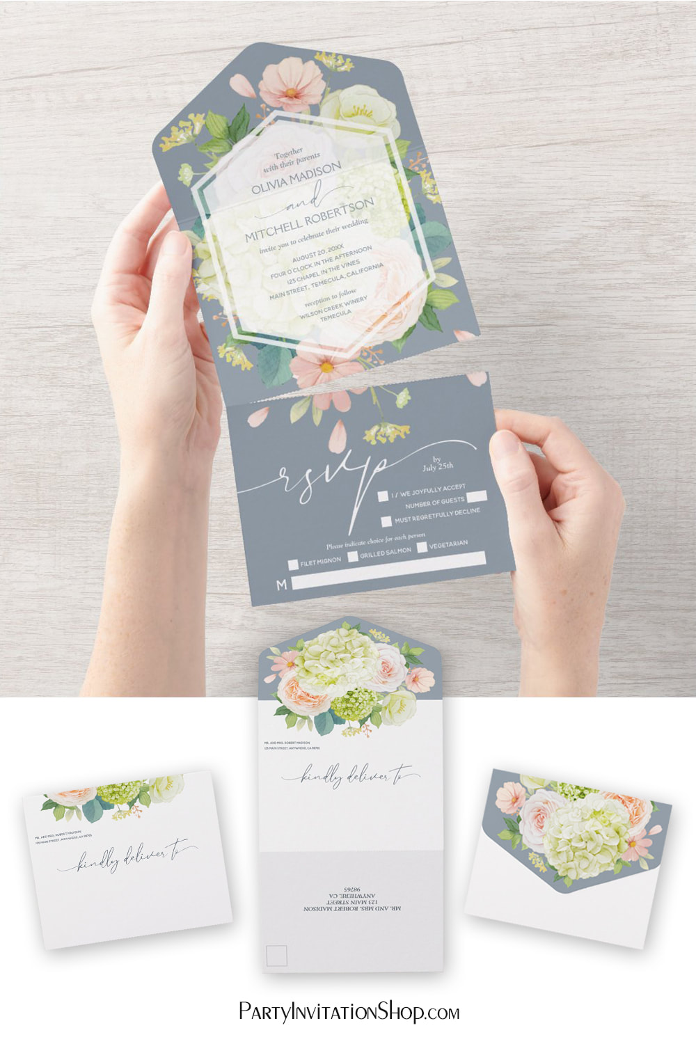 Watercolor Floral on Dusty Blue Wedding All in One Invitations