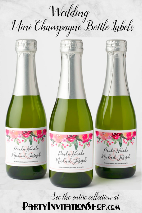 Personalized Mini Champagne Bottle Labels! Plus Wedding Collection with all coordinating pieces, RSVP Cards, Reception Cards, Menu Cards, Thank Yous and more. See the entire collection at PartyInvitationShop.com